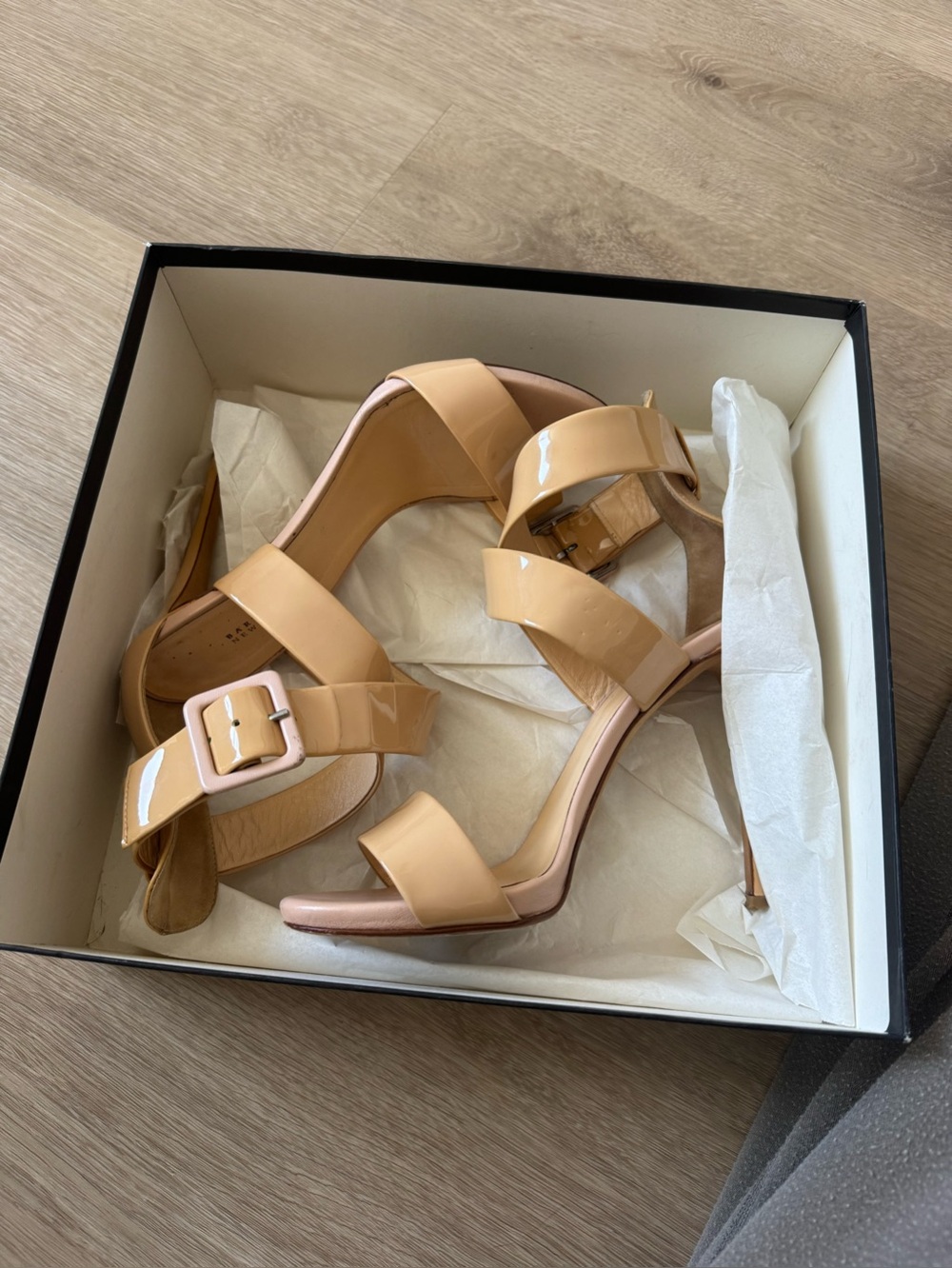 Barneys New York Nude Patent Leather Strappy High Heel Sandals